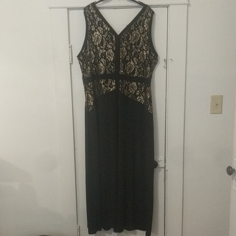 Black with gold lace long cocktail / formal dress